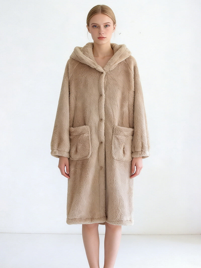 NURO Women's Coral Fleece Robe, Long Japanese Style Cozy Sleep Gown, Thick Warm Winter Loungewear for Home