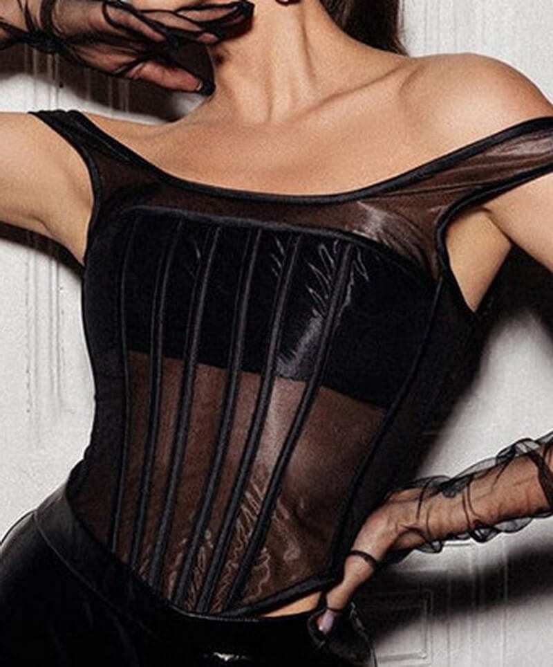 NURO Women's Corset Bustier with Sheer Mesh Panels