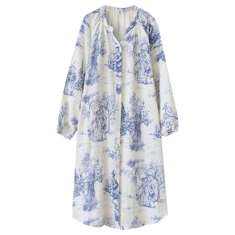 NURO Women's Cotton V-Neck Sleep Dress, Double Gauze Long Sleeve Nightgown, Lightweight Spring Summer Loungewear Dress