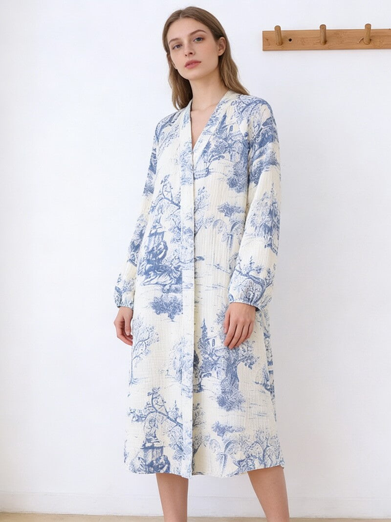 NURO Women's Cotton V-Neck Sleep Dress, Double Gauze Long Sleeve Nightgown, Lightweight Spring Summer Loungewear Dress
