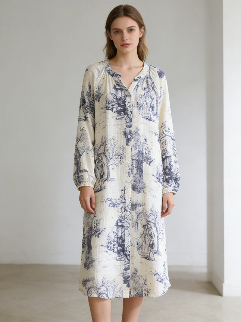 NURO Women's Cotton V-Neck Sleep Dress, Double Gauze Long Sleeve Nightgown, Lightweight Spring Summer Loungewear Dress