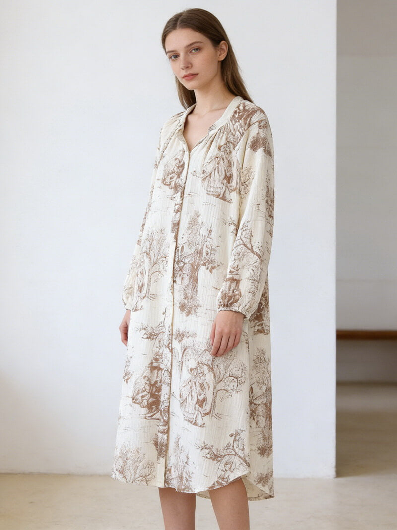 NURO Women's Cotton V-Neck Sleep Dress, Double Gauze Long Sleeve Nightgown, Lightweight Spring Summer Loungewear Dress