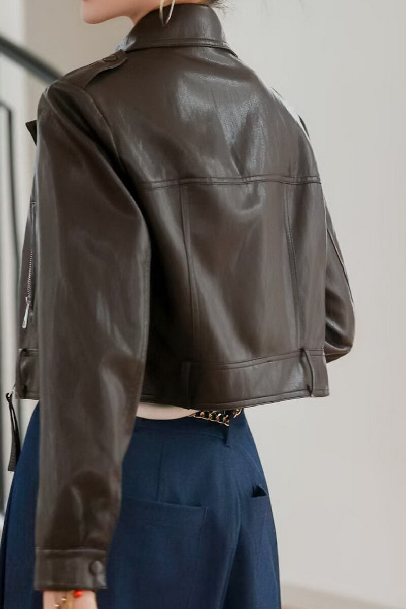 NURO Women's Cropped Leather Moto Biker Jacket