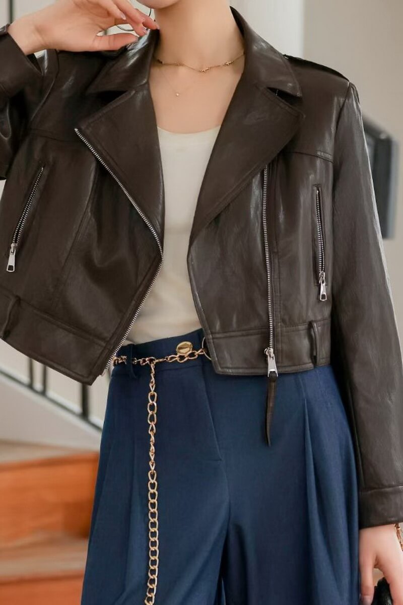 NURO Women's Cropped Leather Moto Biker Jacket