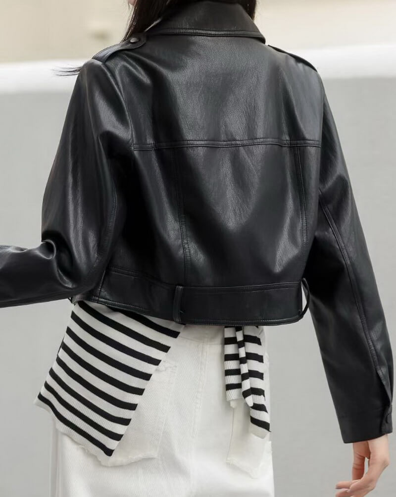 NURO Women's Cropped Leather Moto Biker Jacket