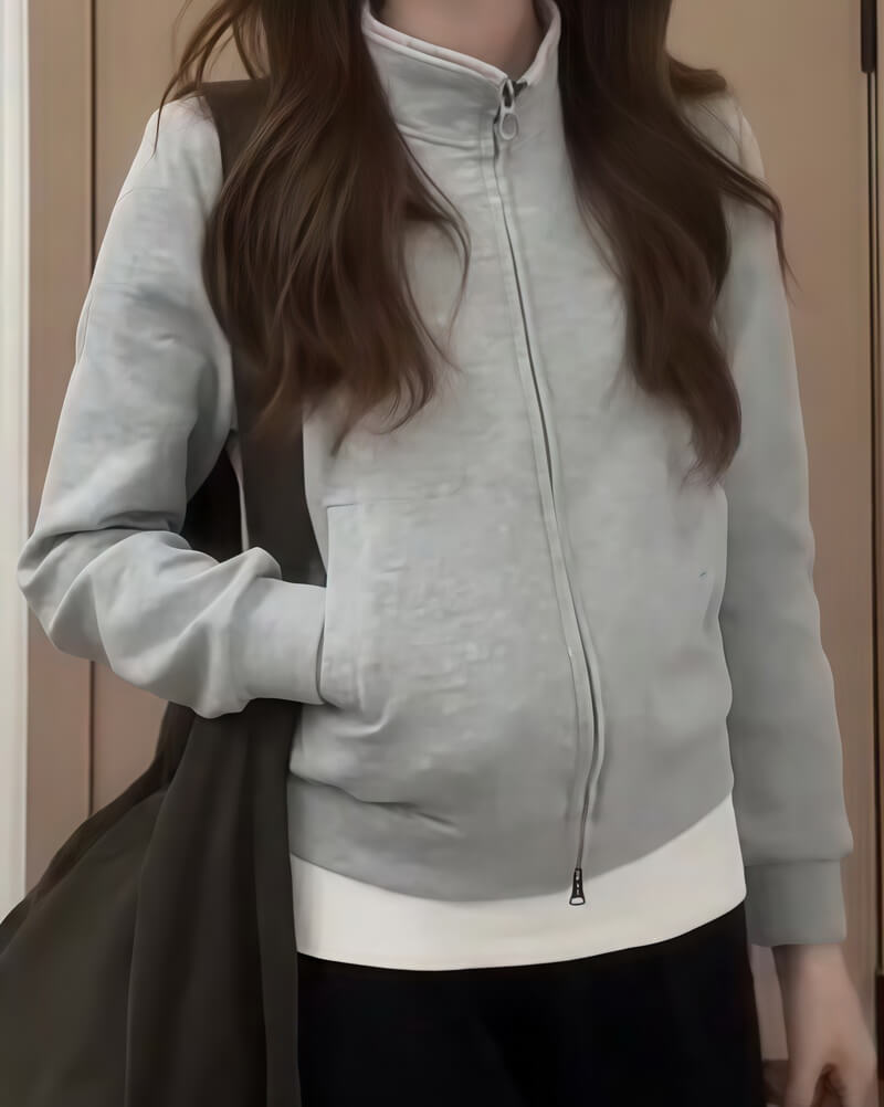 NURO Women's Cropped Stand Collar Zip-Up Jacket, Slim Fit Mid-Weight Long Sleeve Casual Outerwear