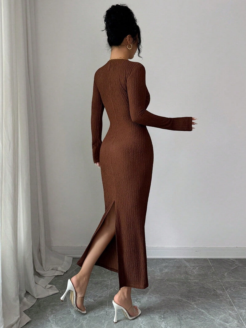 NURO Women's Cross Neck Knit Bodycon Maxi Dress - Textured, High Slit, Long Sleeve, Winter Dress