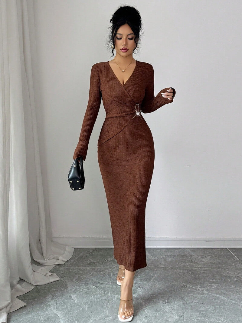 NURO Women's Cross Neck Knit Bodycon Maxi Dress - Textured, High Slit, Long Sleeve, Winter Dress