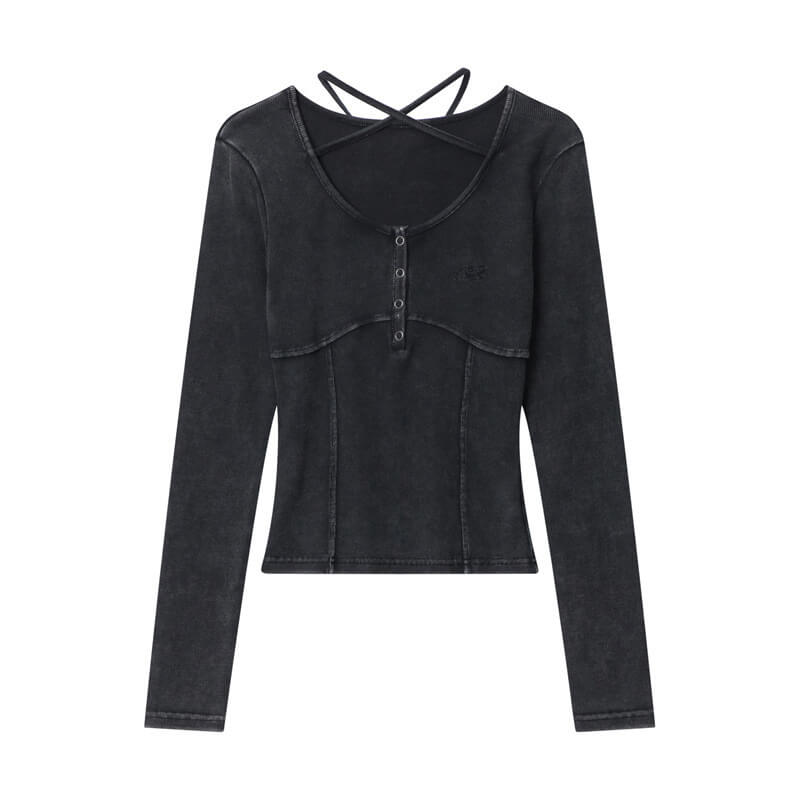 NURO Women's Cross Strap U-Neck Long Sleeve Crop Top with Embroidery Detail