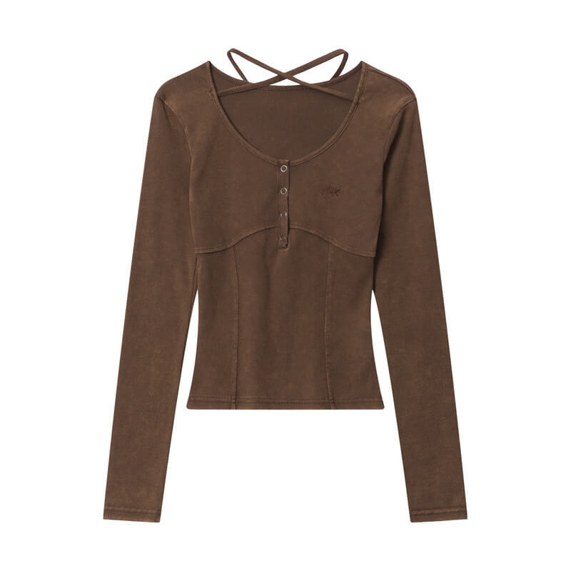 NURO Women's Cross Strap U-Neck Long Sleeve Crop Top with Embroidery Detail