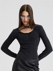 NURO Women's Cross Strap U-Neck Long Sleeve Crop Top with Embroidery Detail