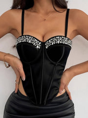 NURO Women's Crystal Embellished Sheer Mesh Bustier Top - Underbust Corset with Detachable Straps