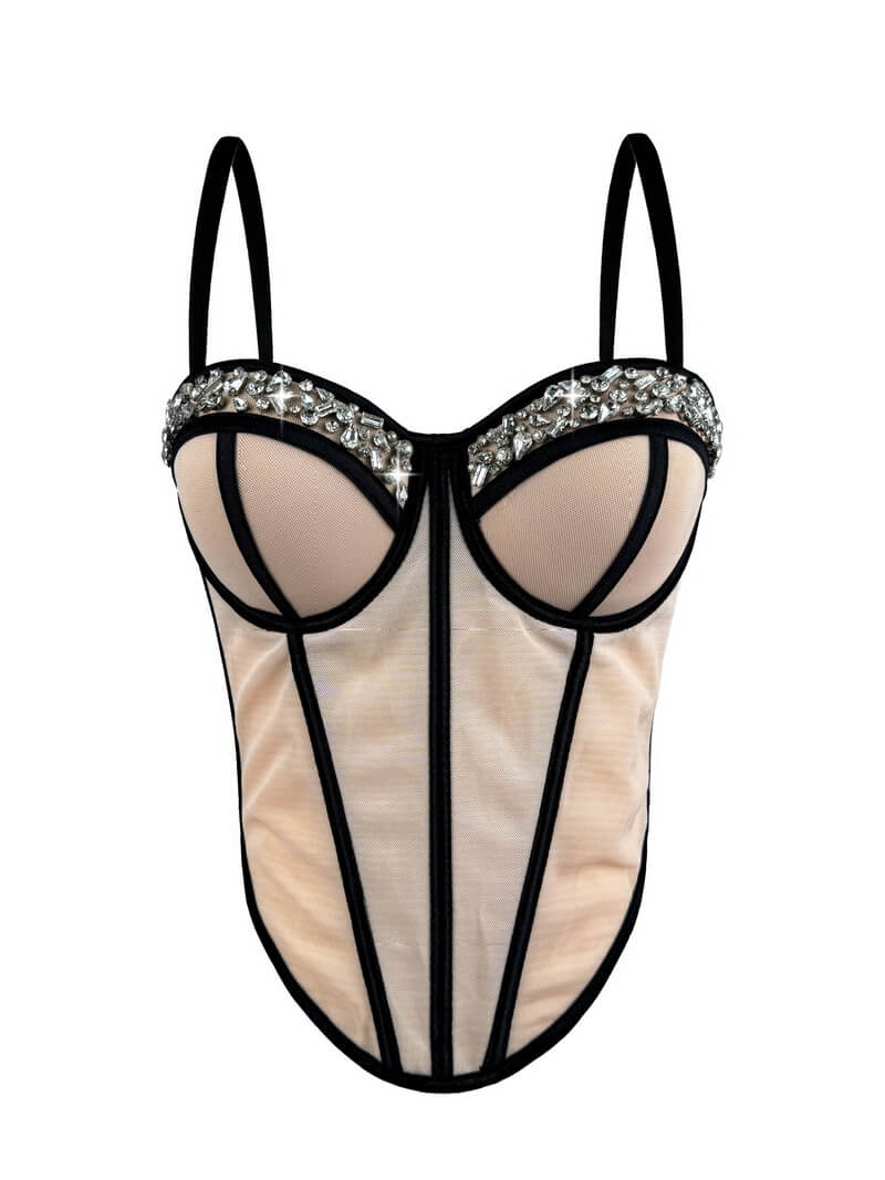 NURO Women's Crystal Embellished Sheer Mesh Bustier Top - Underbust Corset with Detachable Straps