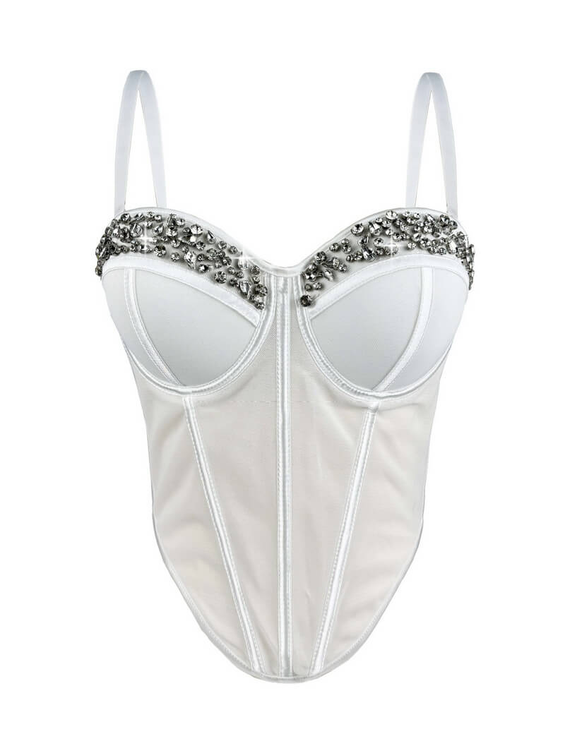 NURO Women's Crystal Embellished Sheer Mesh Bustier Top - Underbust Corset with Detachable Straps