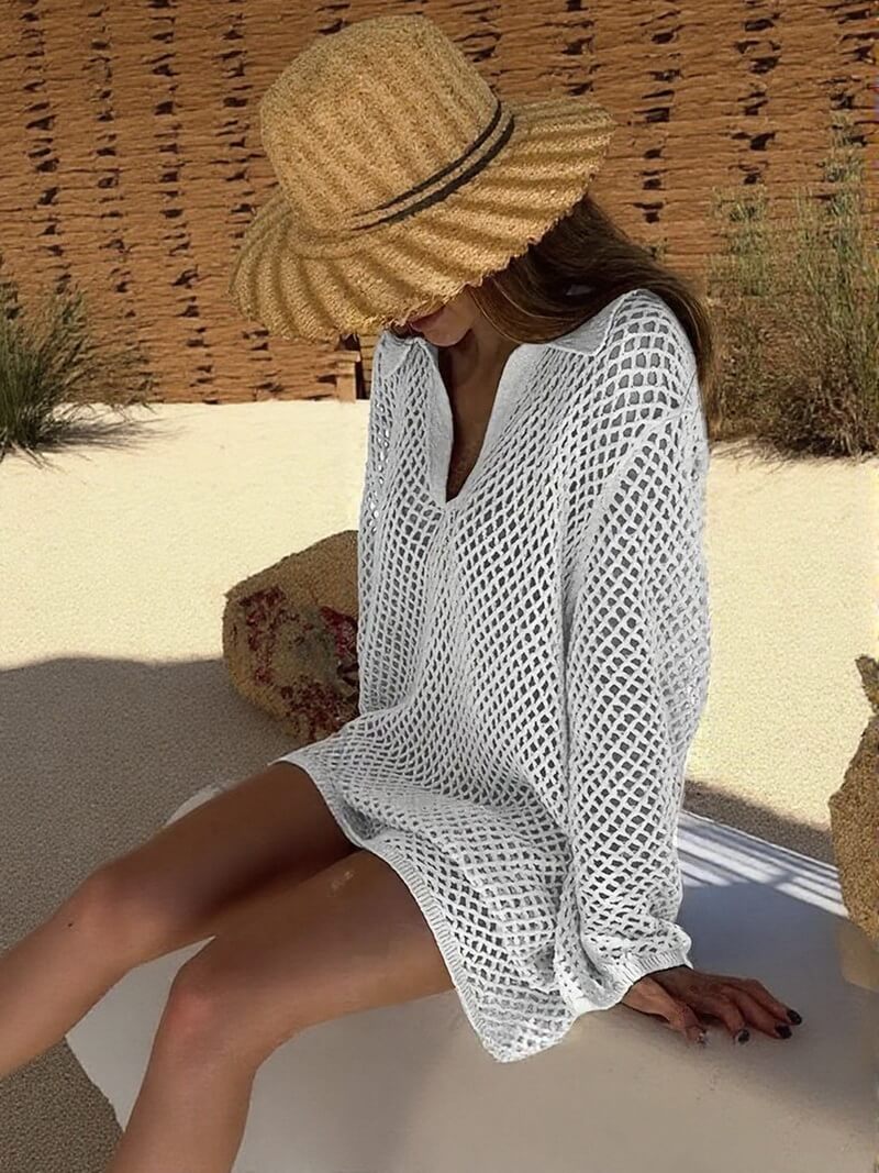 NURO Women's Cut-Out Mesh Polo Dress, Long Sleeve Asymmethem Beach Cover-Up