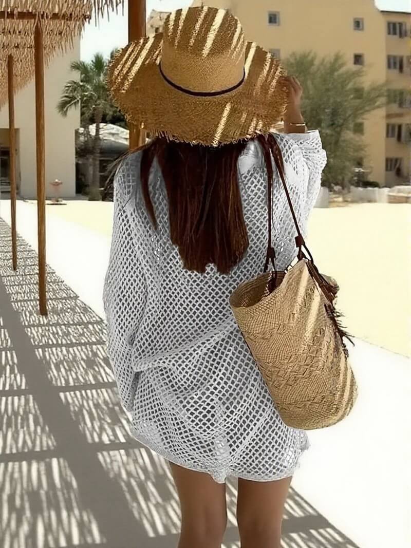 NURO Women's Cut-Out Mesh Polo Dress, Long Sleeve Asymmethem Beach Cover-Up