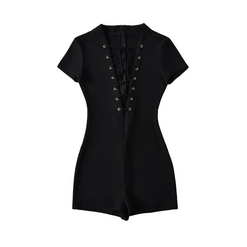NURO Women's Deep V-Neck Jumpsuit, Drawstring Waist Short Sleeve Romper