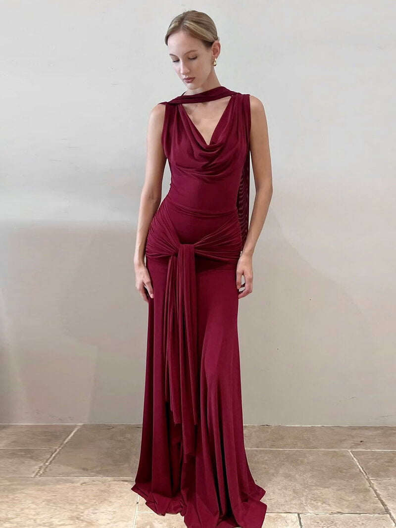 NURO Women's Deep V Backless Mesh Lace Up Bodycon Dress, Asymmetrical Hem Long Dress