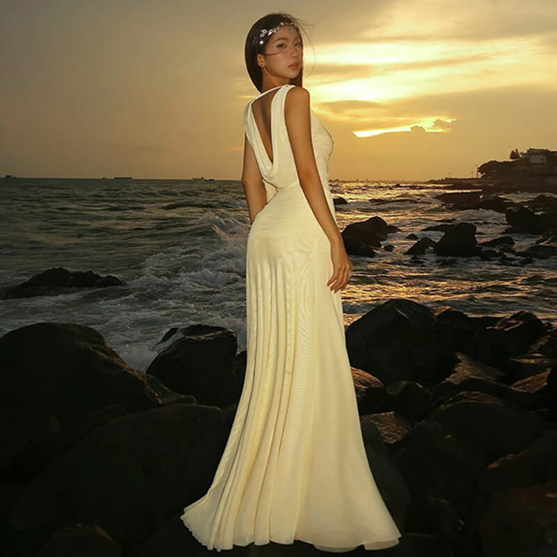 NURO Women's Deep V Backless Mesh Lace Up Bodycon Dress, Asymmetrical Hem Long Dress