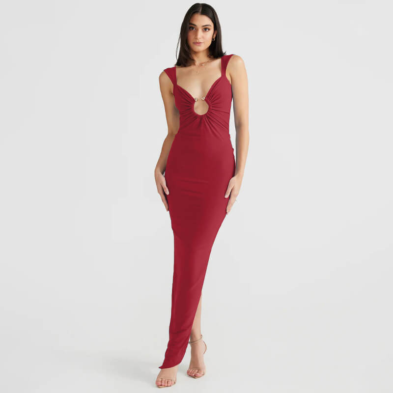 NURO Women's Deep V Backless Slit Bodycon Dress, Sexy Sleeveless Long Dress