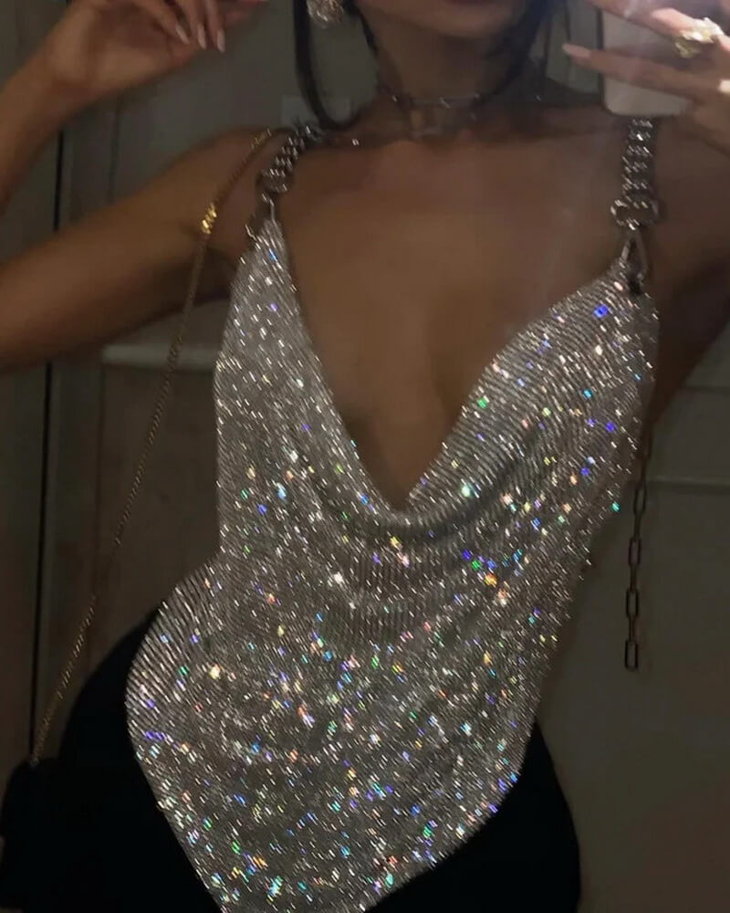 NURO Women's Deep V Bodychain Halter Top Sequin Strappy Party Crop Top