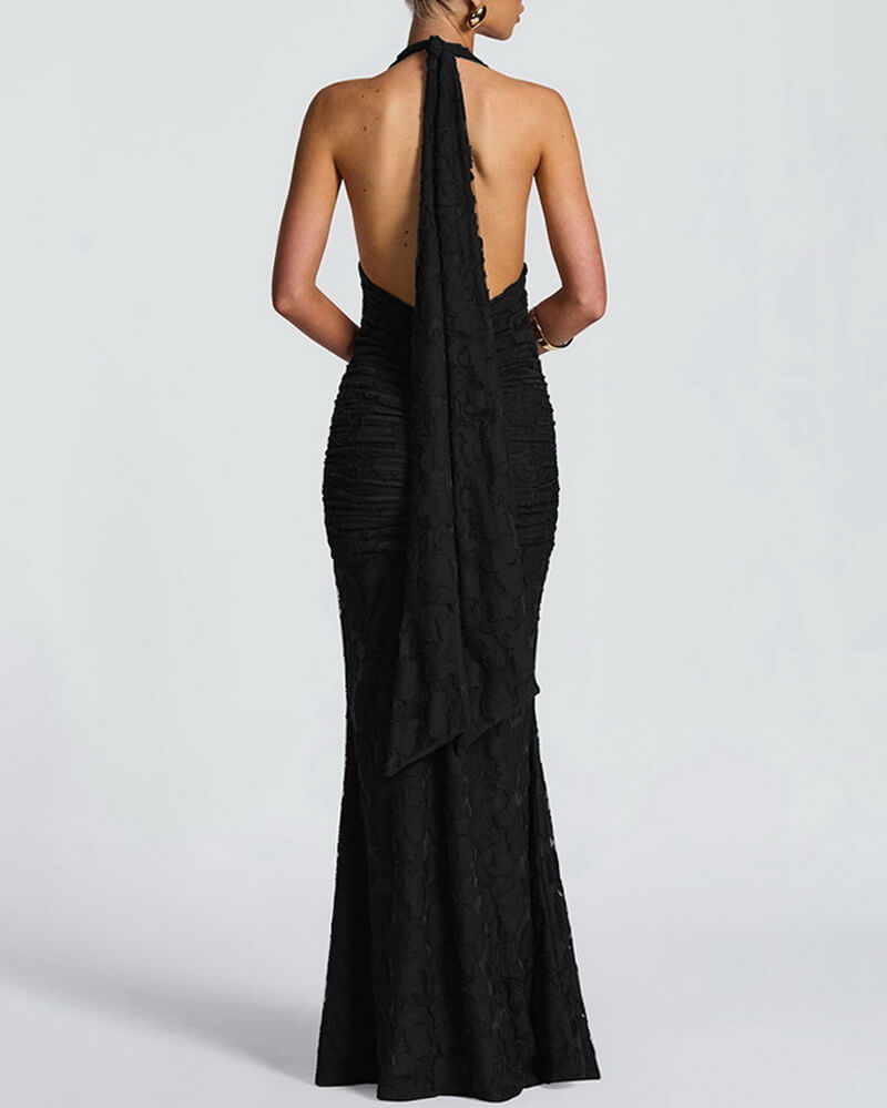 NURO Women's Deep V Halter Ruffle Mermaid Maxi Dress