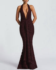 NURO Women's Deep V Halter Ruffle Mermaid Maxi Dress