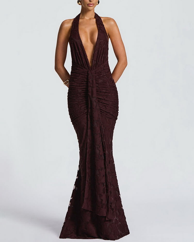 NURO Women's Deep V Halter Ruffle Mermaid Maxi Dress