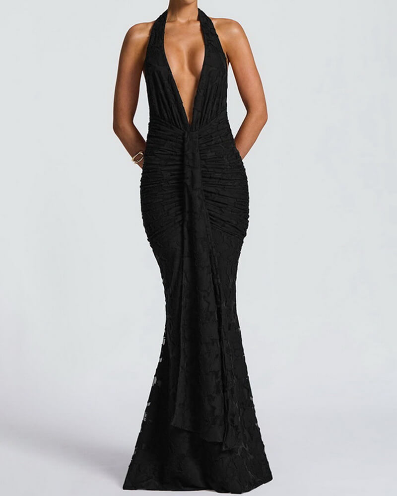 NURO Women's Deep V Halter Ruffle Mermaid Maxi Dress