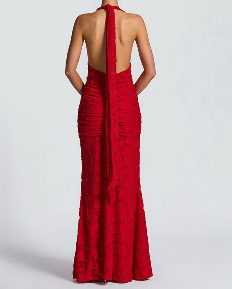 NURO Women's Deep V Halter Ruffle Mermaid Maxi Dress