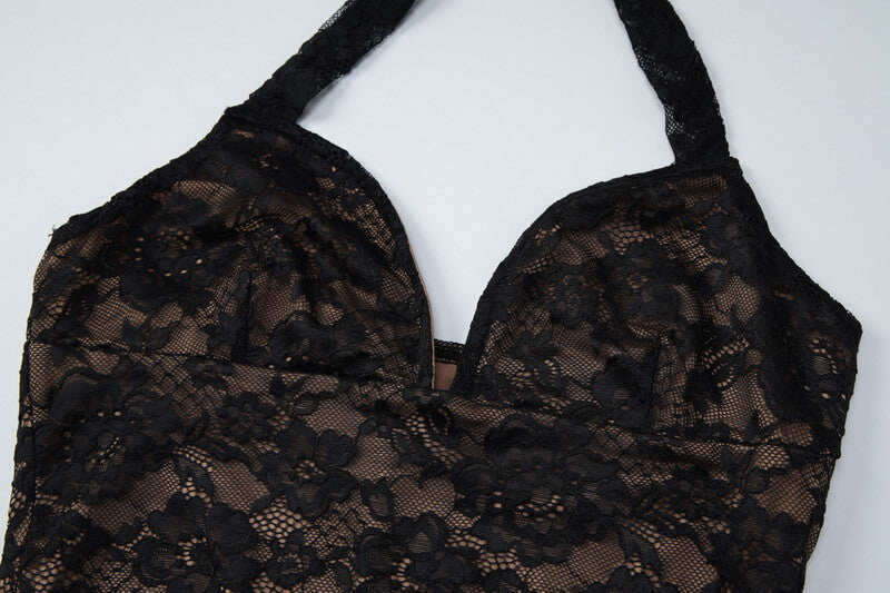 NURO Women's Deep V Lace Halter Neck Tie Dress, Sexy Bodycon Long Dress for Winter