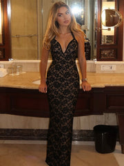 NURO Women's Deep V Lace Halter Neck Tie Dress, Sexy Bodycon Long Dress for Winter