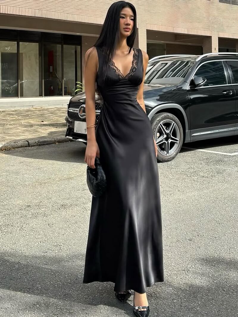 NURO Women's Deep V Lace Trim Sleeveless Backless Bodycon Dress, Sexy Slit Long Dress for Winter