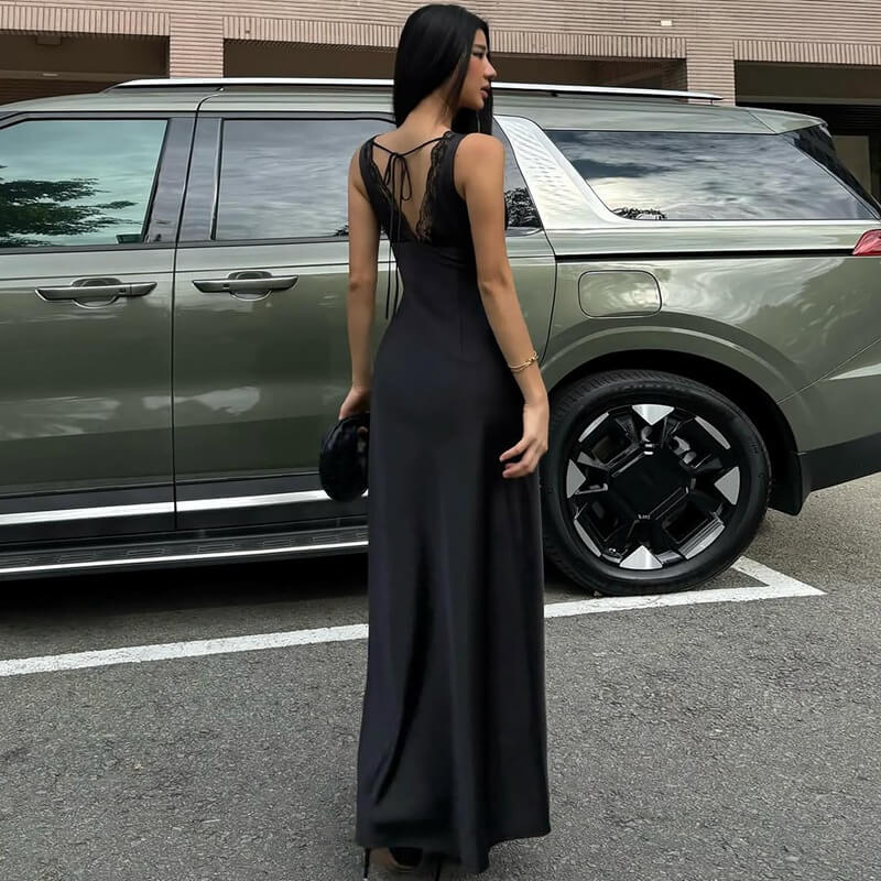 NURO Women's Deep V Lace Trim Sleeveless Backless Bodycon Dress, Sexy Slit Long Dress for Winter