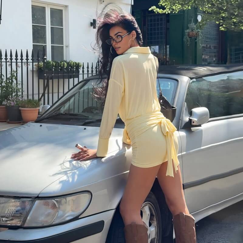 NURO Women's Deep V Neck Button Front Shirt Wrap Bodycon Midi Dress