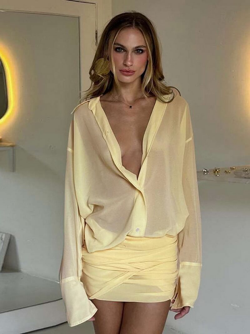 NURO Women's Deep V Neck Button Front Shirt Wrap Bodycon Midi Dress