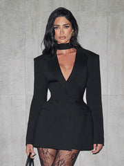 NURO Women's Deep V Neck Long Sleeve Pencil Casual Blazer Dress