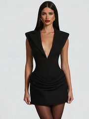 NURO Women's Deep V Neck Sleeveless Belted Blazer Bodycon Dress