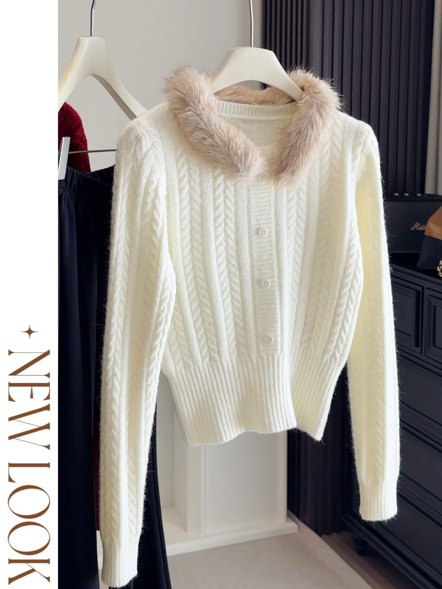 NURO Women's Detachable Faux Fur Collar Cable Knit Sweater, Christmas Red Winter Pullover for Cozy Casual Wear