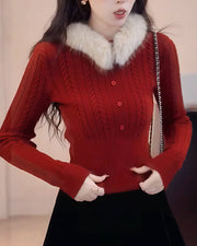 NURO Women's Detachable Faux Fur Collar Cable Knit Sweater, Christmas Red Winter Pullover for Cozy Casual Wear