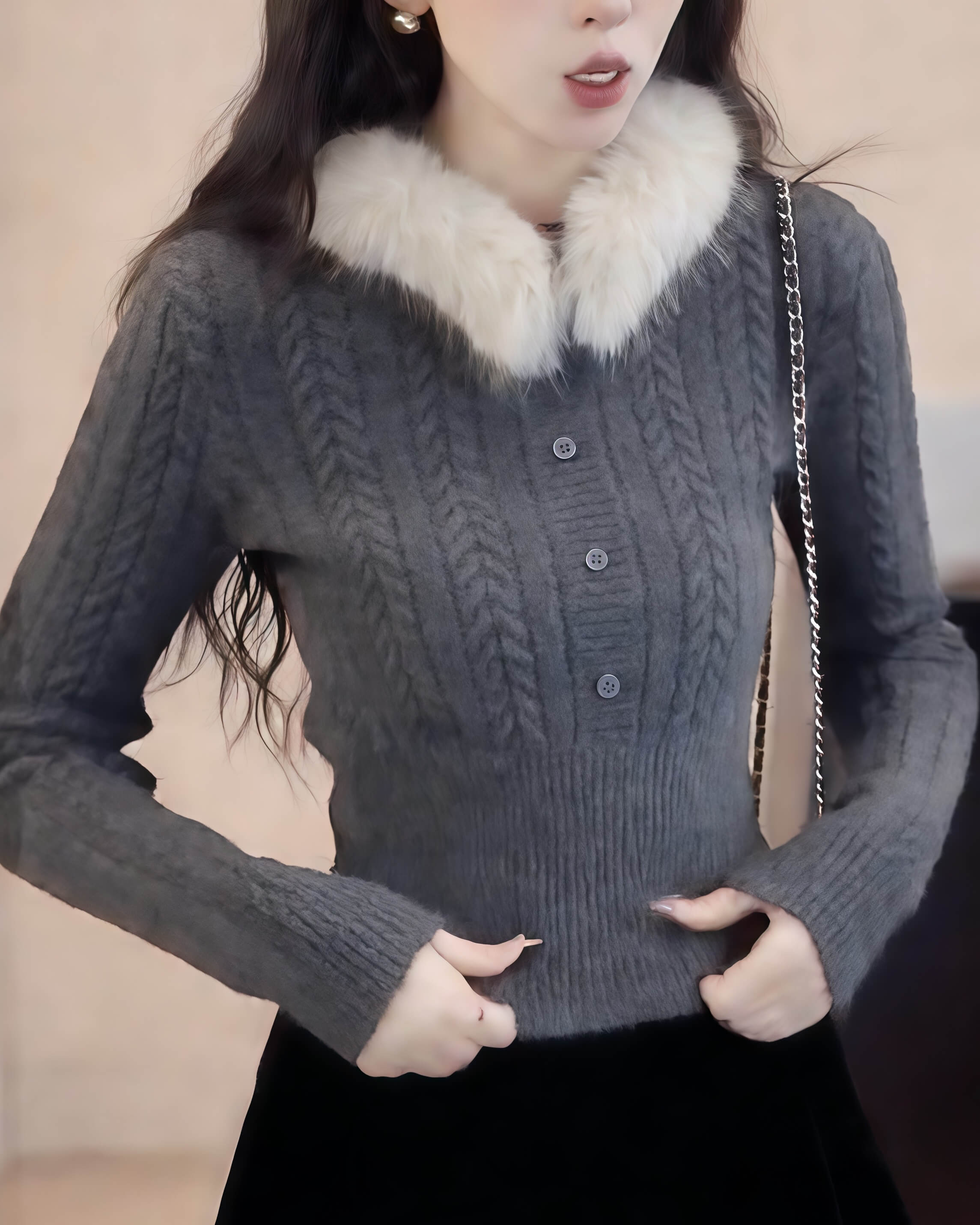 NURO Women's Detachable Faux Fur Collar Cable Knit Sweater, Christmas Red Winter Pullover for Cozy Casual Wear