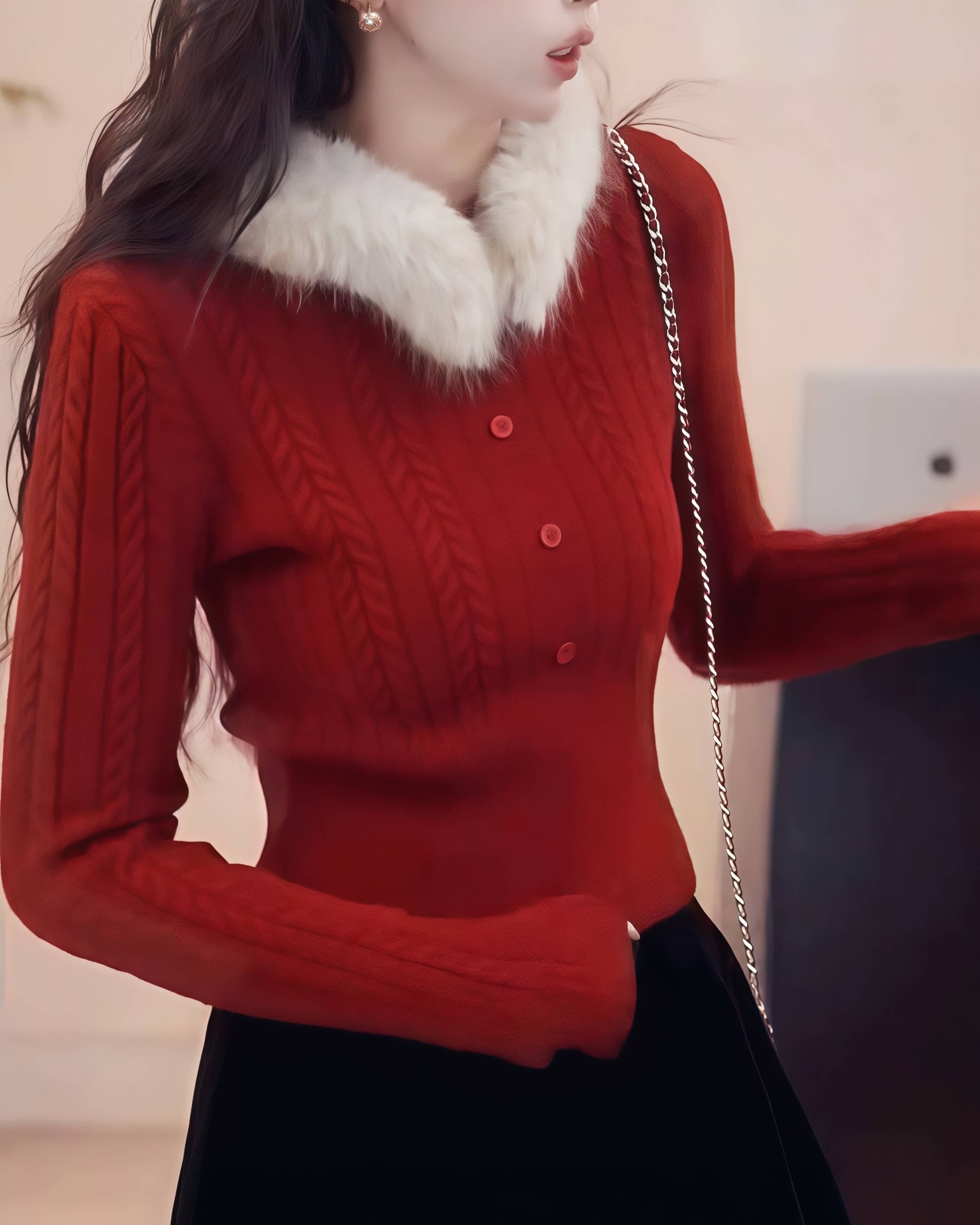 NURO Women's Detachable Faux Fur Collar Cable Knit Sweater, Christmas Red Winter Pullover for Cozy Casual Wear