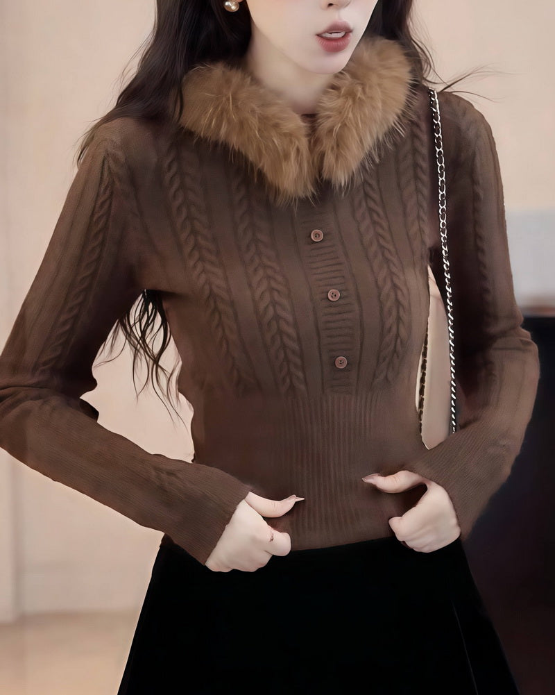 NURO Women's Detachable Faux Fur Collar Cable Knit Sweater, Christmas Red Winter Pullover for Cozy Casual Wear