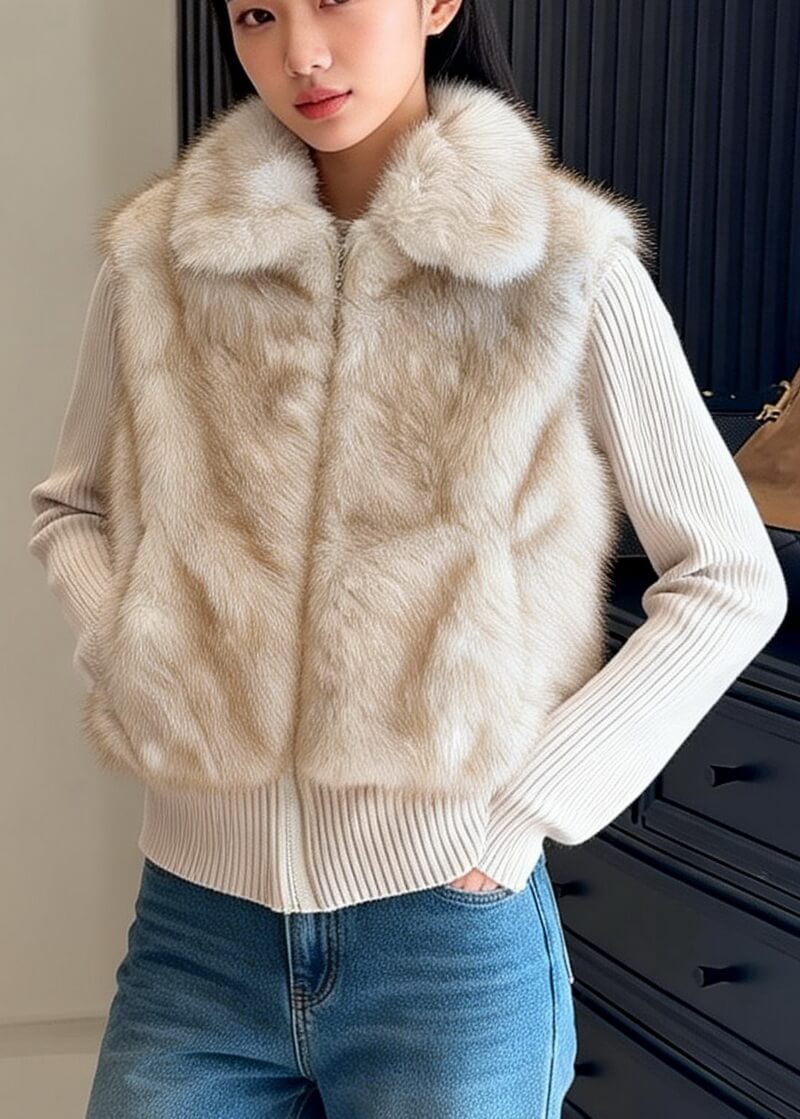 NURO Women's Detachable Sleeve Faux Fur Vest, Oatmeal Color Eco-Friendly Teddy Jacket, Casual Two-in-One Layering Top