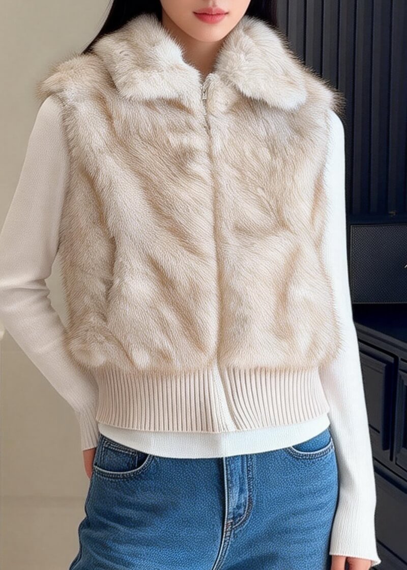 NURO Women's Detachable Sleeve Faux Fur Vest, Oatmeal Color Eco-Friendly Teddy Jacket, Casual Two-in-One Layering Top