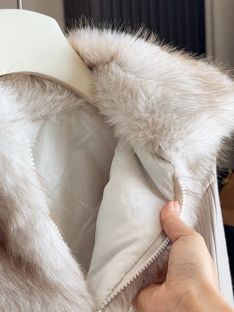 NURO Women's Detachable Sleeve Faux Fur Vest, Oatmeal Color Eco-Friendly Teddy Jacket, Casual Two-in-One Layering Top