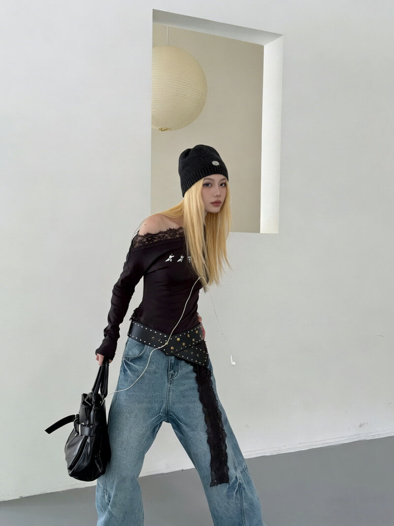 NURO Women's Distressed Patchwork Jeans, Baggy Wide Leg Cargo Pants with Asymmetrical Hem, Vintage Washed Streetwear Denim in Blue and Black