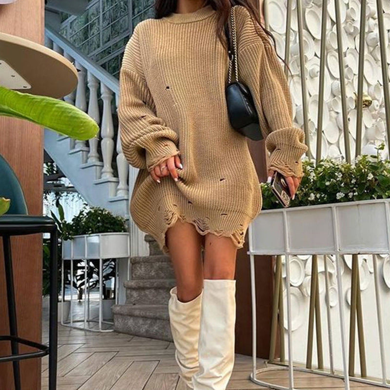 NURO Women's Distressed Pullover Sweater, Long Sleeve Oversized Knit Sweater with Ripped Details, Chunky Longline Acrylic Sweater