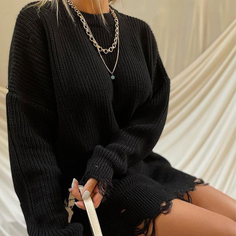 NURO Women's Distressed Pullover Sweater, Long Sleeve Oversized Knit Sweater with Ripped Details, Chunky Longline Acrylic Sweater