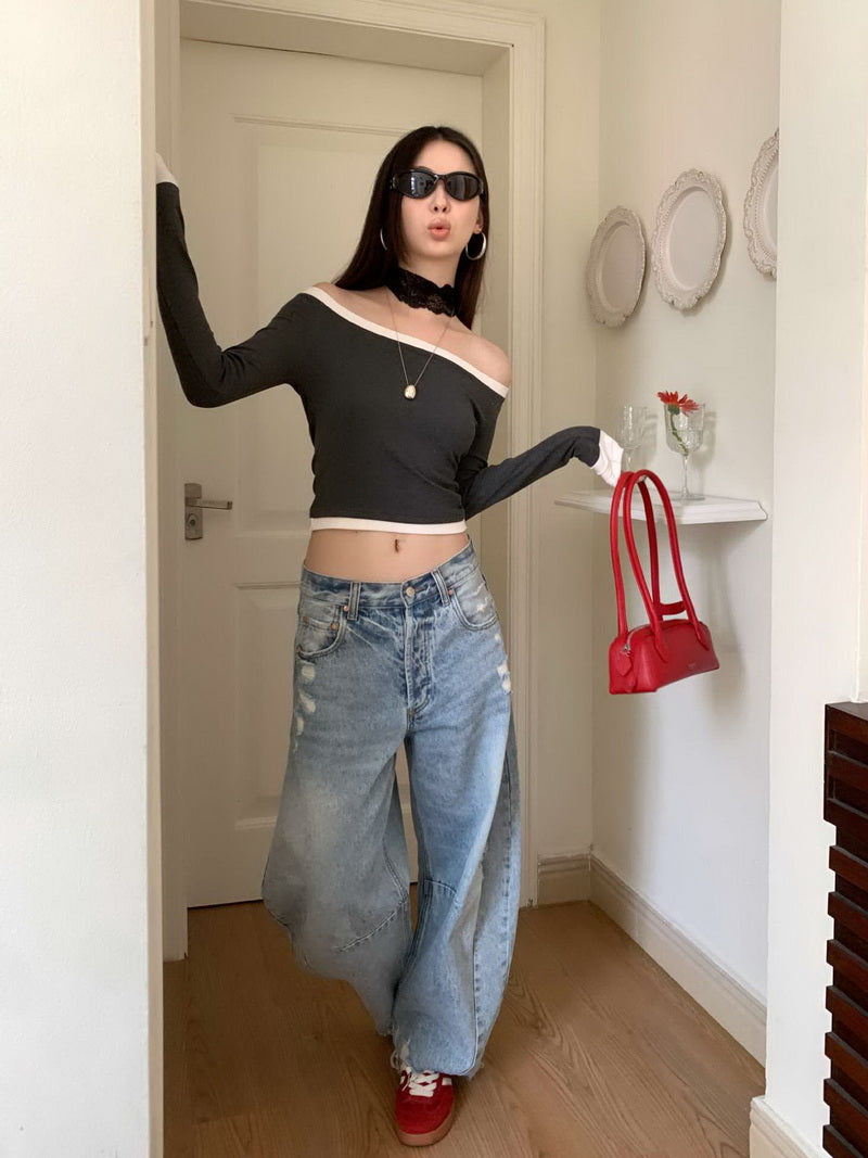 NURO Women's Distressed Wide Leg Jeans, Curved Hem Baggy Denim Pants with Destroyed Details, Vintage Wash Light Blue Streetwear